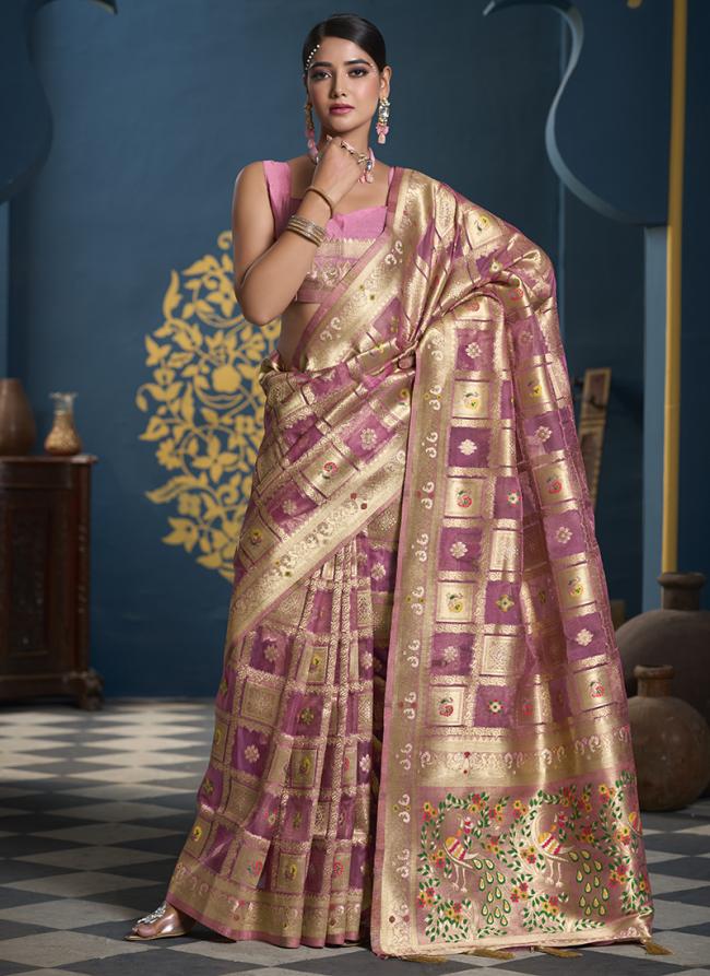 Organza Pink Party Wear Weaving Saree